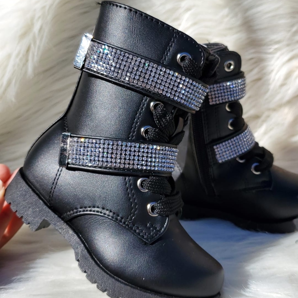 Black Moto Embroidered Rhinestones Combat Boots